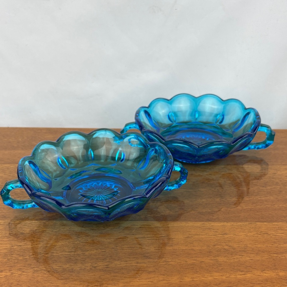 Anchor hocking two handled blue glass snack nappy dish pair